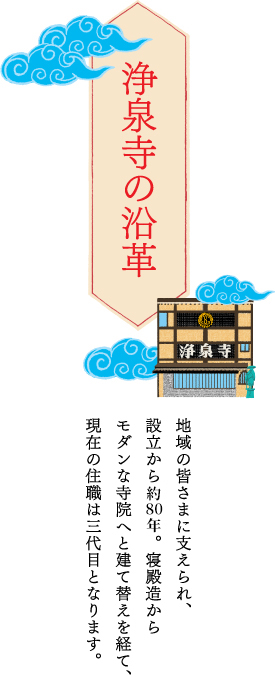 浄泉寺の沿革 地域の皆さまに支えられ、設立から60余年。寝殿造からモダンな寺院へと建て替えを経て、現在の住職は三代目となります。